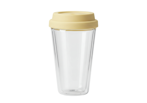 Isolated cup with double wall glass and beige lid for coffee or tea against seamless backdrop