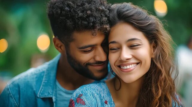 Happy young couple embracing and smiling while sitting outdoors, under gentle natural light, highlighting warm connection and serene setting, serene outdoor scene, calm daylight li