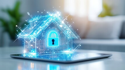 Smart Home Security: Digital representation of a house with an illuminated lock, symbolizing advanced home security, resting on a digital tablet in a modern and safe atmosphere.