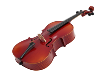 Isolated cello music instrument, rich reddish-brown color, viewed at an angle from above
