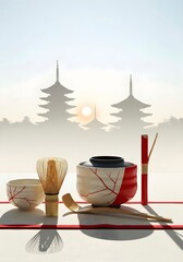 Serene Traditional Japanese Tea Ceremony With Misty Pagoda