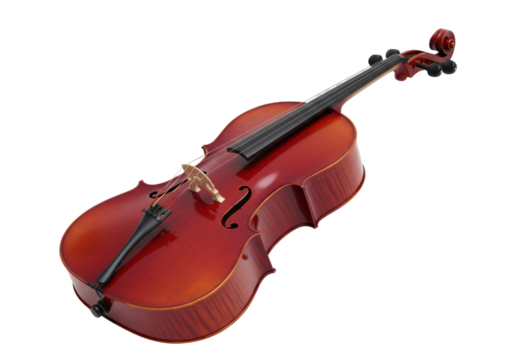 Isolated cello music instrument, rich reddish-brown color, viewed at an angle from above