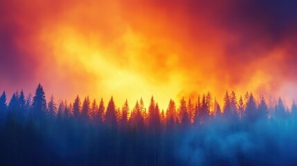 Forest fire sunset: A blazing sunset casts an intense, fiery glow over a dense forest silhouette, creating a dramatic and awe-inspiring natural scene.
