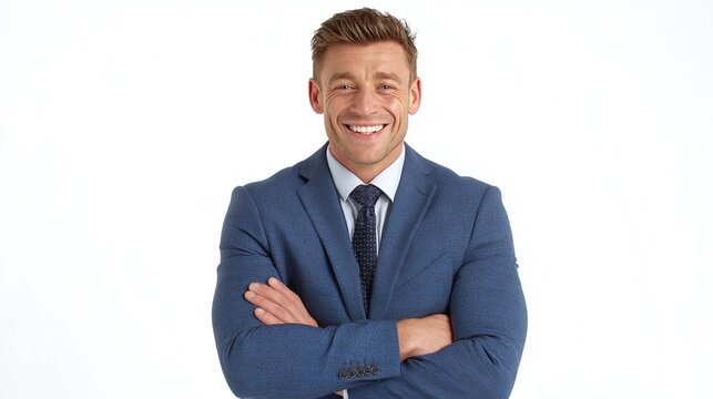 Smiling Professional: Confident man in suit with arms crossed, radiates success and approachability against a clean, bright background.