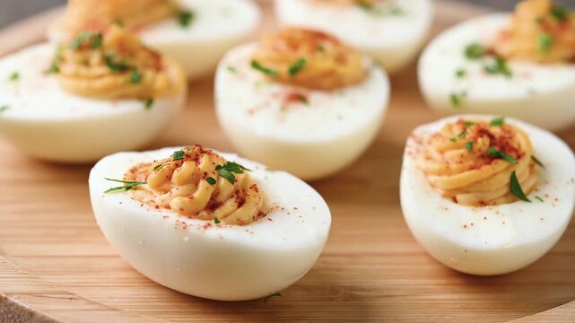 Homemade hard Boiled Deviled Eggs garnished with herbs on wooden table