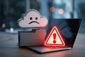 Cloud Storage Data Risk Alert: Warning Sign and Unhappy Cloud Icon on Laptop, Data Breach Warning, System Failure and Cloud Security, Information Leak Threat, Data Loss Problem, Data Protection