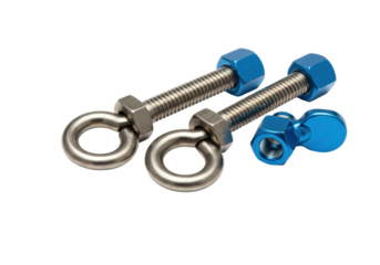 Isolated Stainless Steel Eye Bolts with Blue End Caps and Tightening Wing Nut Hardware