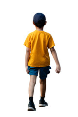 rear view of Asian boy walking in yellow shirt and blue shorts, Isolated on white background