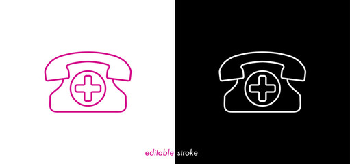 Old retro phone icon with medical cross vector. Health care home care call center editable stroke icon illustration to use for medical emergency, medical care projects.