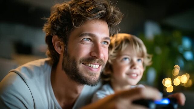 Happy young father and son playing video games while spending time at home, under gentle ambient light, showcasing joyful expressions and modern setup, serene home scene, calm game