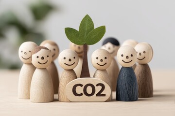 Wooden Figures Address CO2 Emissions Advocate Sustainability Demonstrating Unity for Environmental Responsibility Promoting Greener Earth Encouraging Ecological Consciousness