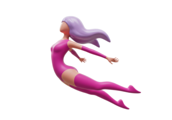 Isolated woman flying, purple hair, dressed in pink spandex, 3D character render art