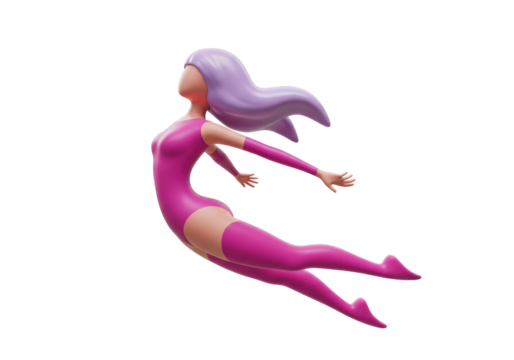 Isolated woman flying, purple hair, dressed in pink spandex, 3D character render art