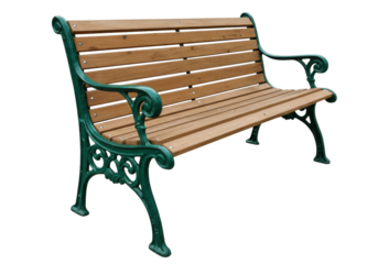 Isolated wooden garden bench with green cast iron trim on an off-white background