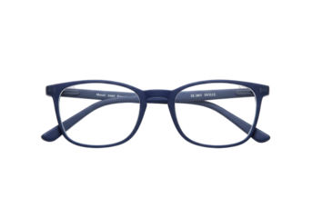 Isolated eyeglasses studio shot, navy blue frame with clear lenses, eyewear modern style