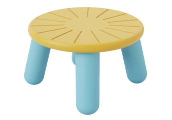 Isolated round yellow table with light-blue legs, three-legged child stool for the little kids