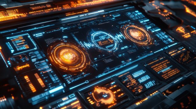 Futuristic Technology Interface: Immerse yourself in the sleek allure of a high-tech control panel, radiating with an energetic spectrum of neon blue and blazing orange. - Powered by Adobe