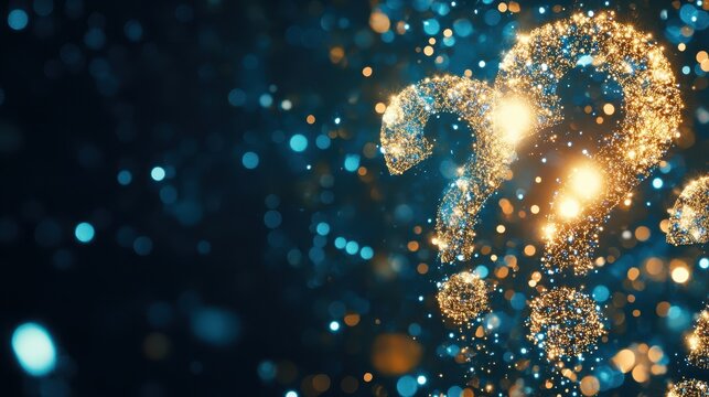 Digital Inquiry: Illuminated question mark floating in a cosmic digital landscape, surrounded by twinkling particles, symbolizes curiosity and the search for knowledge in the age of technology.
