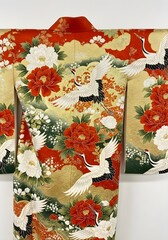 Exquisite Japanese Kimono With Flying Cranes And Red