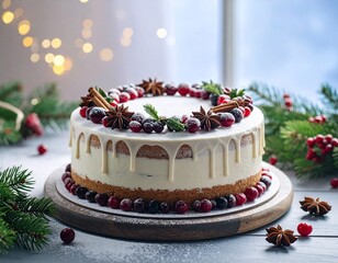 Homemade Seasonal Cake Decorated with Cinnamon and Star Anise on Wooden Table