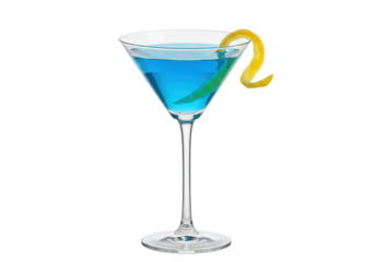 Isolated martini glass of blue liquid with citrus twist; cocktail is ready to serve