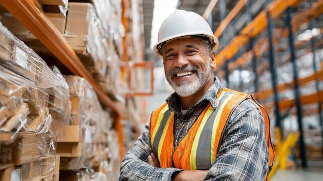 Warehouse Worker's Pride: A skilled worker, wearing a protective helmet, beams with pride amidst a bustling warehouse environment, showcasing dedication and expertise.