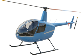 Isolated Blue Robinson R44 Raven II helicopter with rotor blades for air transport concept