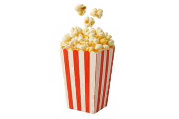Popcorn overflowing big red striped box, kernels jumping, classic cinema snack, movie night treat, fun entertainment