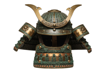 Isolated historic Kabuto armor, Japanese samurai helmet with shoulder protectors, collectible object