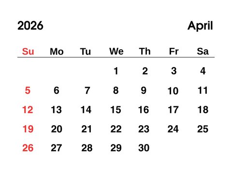 Calendar for April 2026 year, with highlighted Sundays, minimalist design, clear typography and organized layout