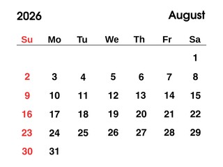 August 2026 year calendar layout with clean, minimalist design, dates and days in simple grid format