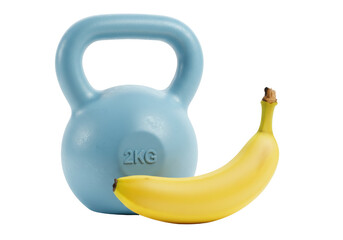 Isolated 2KG dumbbell next to ripe yellow banana for size reference, exercise motivation