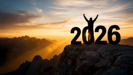 2026 and Silhouette man in mountains against backdrop of bright colorful sunset. Silhouette of number 2026 on mountain, concept Happy New Year celebration