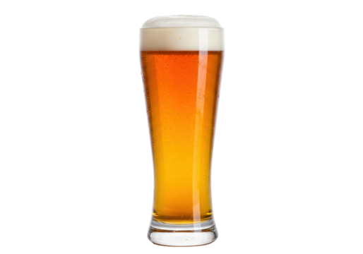 Isolated pilsner glass of amber beer with foamy head, refreshing and festive drink