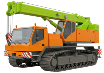 Isolated orange crane truck with green boom for building projects, modern construction vehicle
