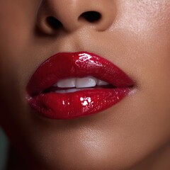 Fototapeta premium African American Lip Gloss. Beautiful Woman with Shiny Red Lips