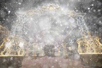 outdoor Christmas decorations with lights and garlands at night in Moscow