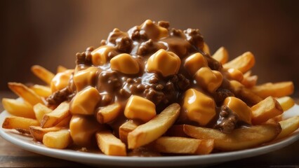 Indulgent poutine piled high with squeaky cheese curds and rich gravy, a perfect comfort food delight.