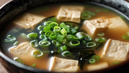 Steaming bowl of fresh miso soup with cubed tofu and vibrant green scallions