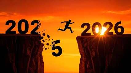 Man Leaping from Crumbling 2025 to 2026 at Sunset, Symbolizing Endings, New Beginnings and Hope