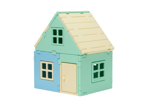 Isolated Small toy house, made of plastic blocks, blue and green structure with yellow roof