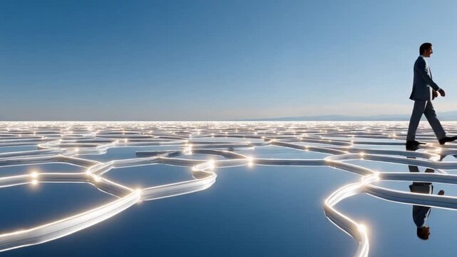 Navigating the Digital Realm: A solitary figure, clad in a business suit, confidently treads a futuristic path composed of interconnected digital pathways.