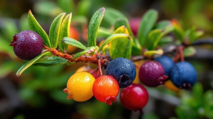 Obraz premium Alaska Berries. Close-up of Wild Blueberries and Orange Berries in Natural Habitat