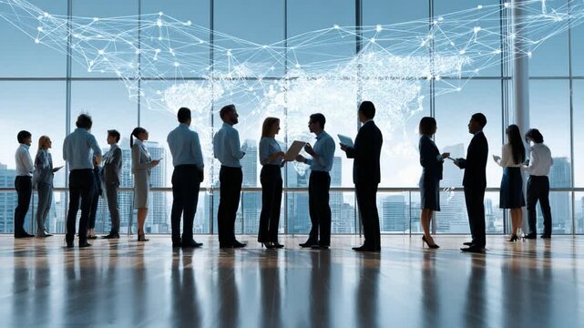 Global Business Meeting: Professionals engage in discussions within a modern office setting, with a panoramic view of the world map reflecting international collaboration and connectivity.