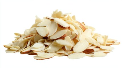 Almond Sliver. Heap of Peeled and Sliced Almonds on White Background