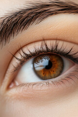Fototapeta premium Close-up of a captivating hazel eye. The intricate details of the iris, lashes, and eyebrow are visible, showcasing the beauty of the human eye and the artistry of nature.