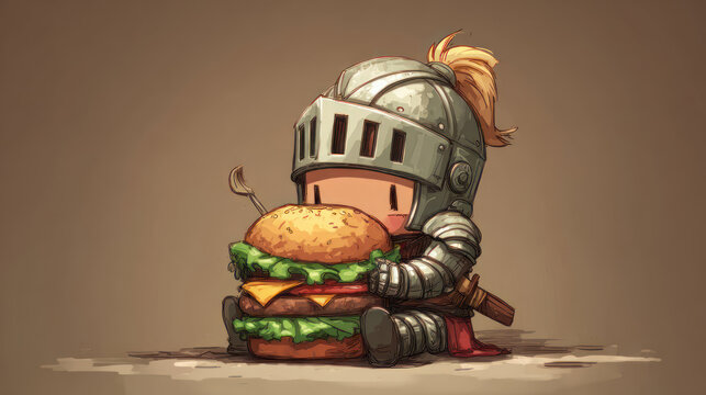 Cartoon knight with oversized burger, seated, holding spoon, on plain background