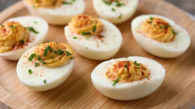 Homemade hard Boiled Deviled Eggs garnished with herbs on wooden table