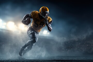 American Football Player Gold. Running in Action on Stadium Background. Silhouette of College Athlete
