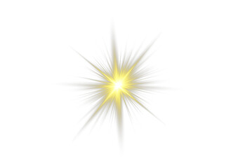 Radiant yellow PNG star with sparkling highlights and glowing beams. Bright sparkles create festive and elegant visuals. Transparent shining sun and bright flashes enhance magical atmosphere.